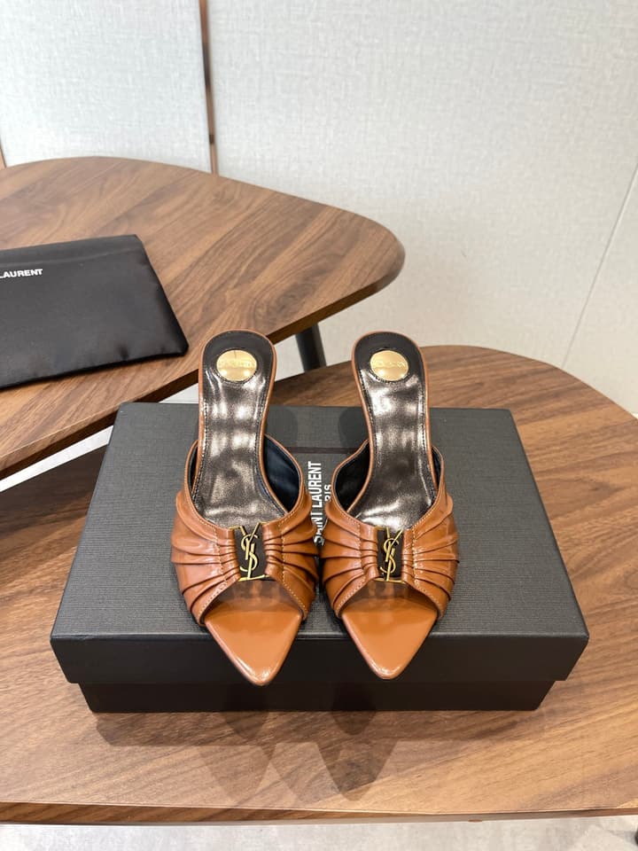 Saint Laurent Pointed Toe Stiletto Heeled Sandals – 26SS in Black - Gold Logo Plaque
