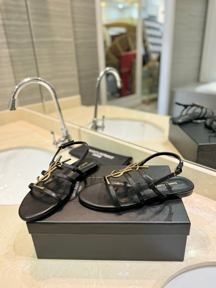 Saint Laurent YSL Metal Logo Heeled Sandals in Matte Black Criss-cross Strap Sandal