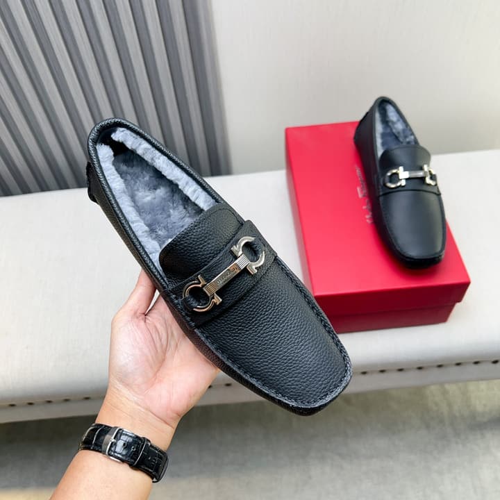 Ferragamo Imported Cowhide Fur-Lined Loafers in Black Patent Leather