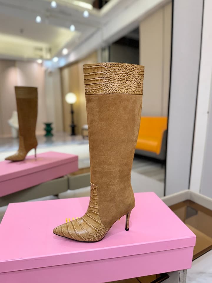 Paris Texas Crocodile Embossed Stiletto Knee-High Boots in Black Suede And Leather