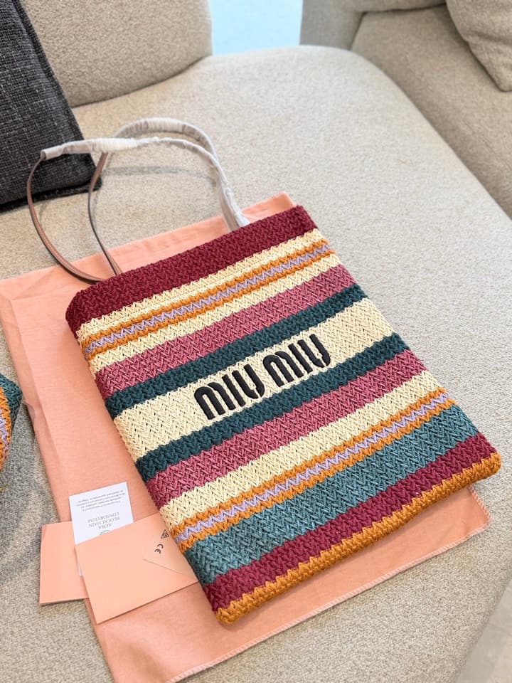 Miu Miu Knit Woven Large Tote Bag in Burgundy Multi-Color Striped