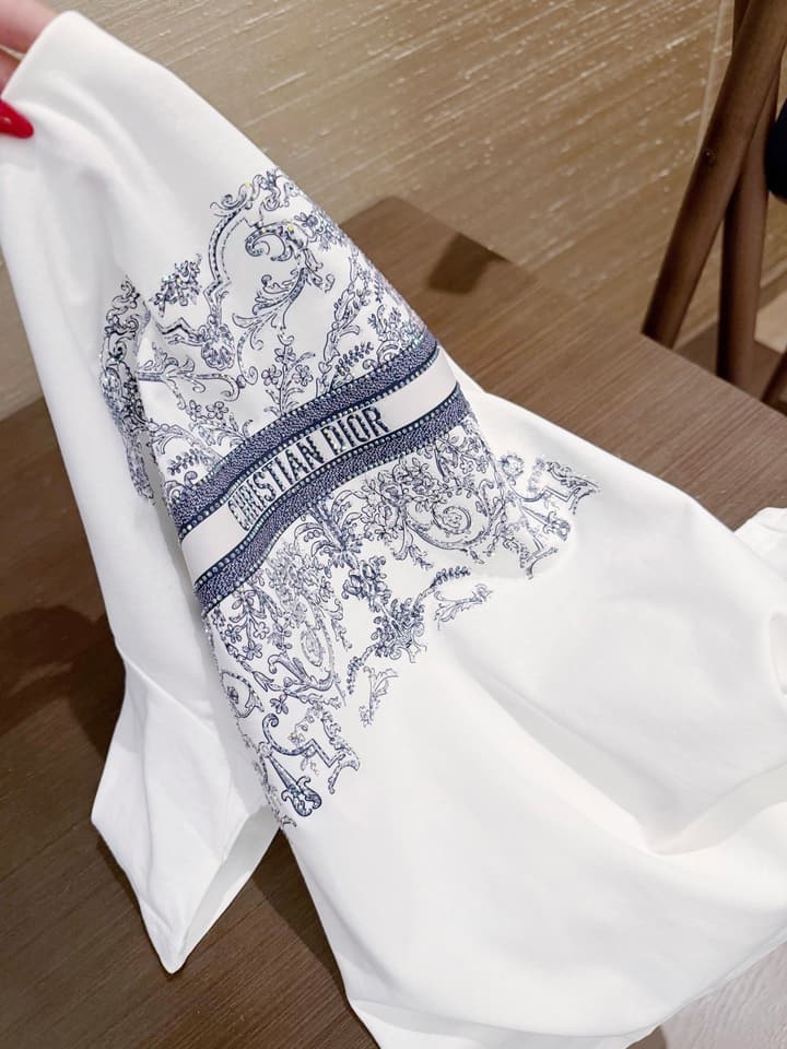 Dior Butterfly and Letter Print Rhinestone T-Shirt in White With Blue Print
