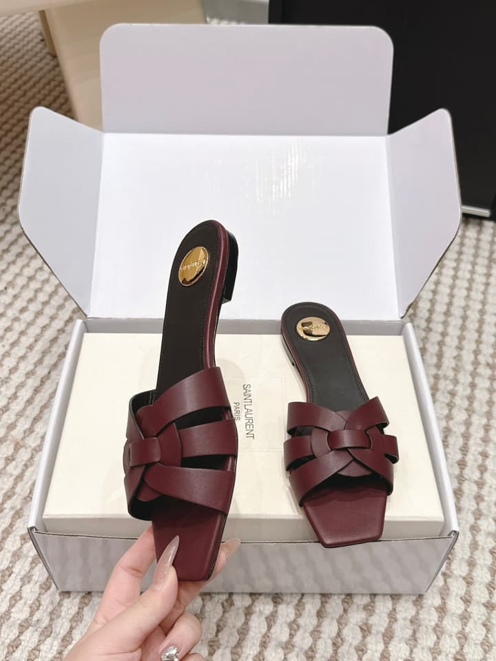 Saint Laurent Melody Square Toe Flat Sandals – 2026SS in Burgundy Patent