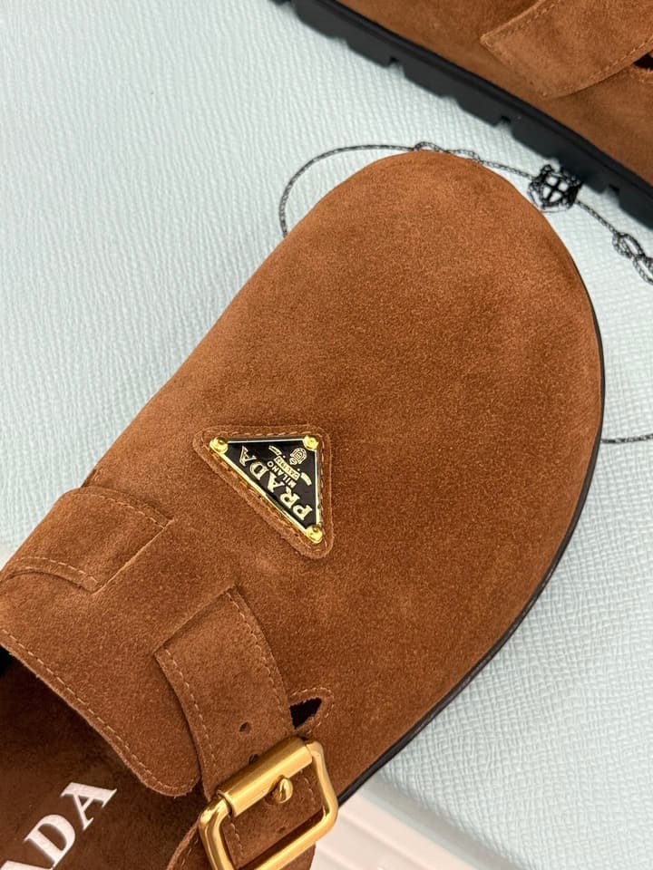 Prada Triangle Logo Birkenstock Slippers – Spring/Summer Collection in Black Suede