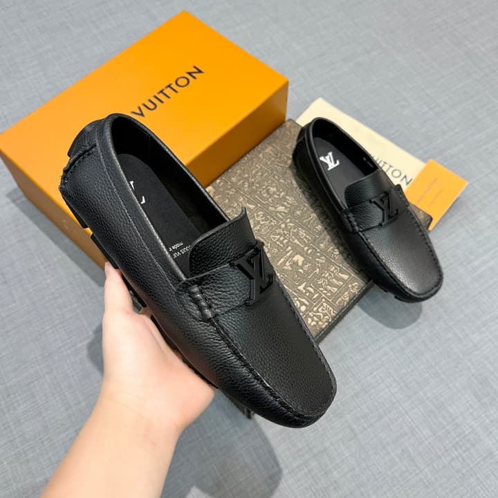 Louis Vuitton Men's Grained Leather Driving Shoes in Dark Gunmetal Hardware