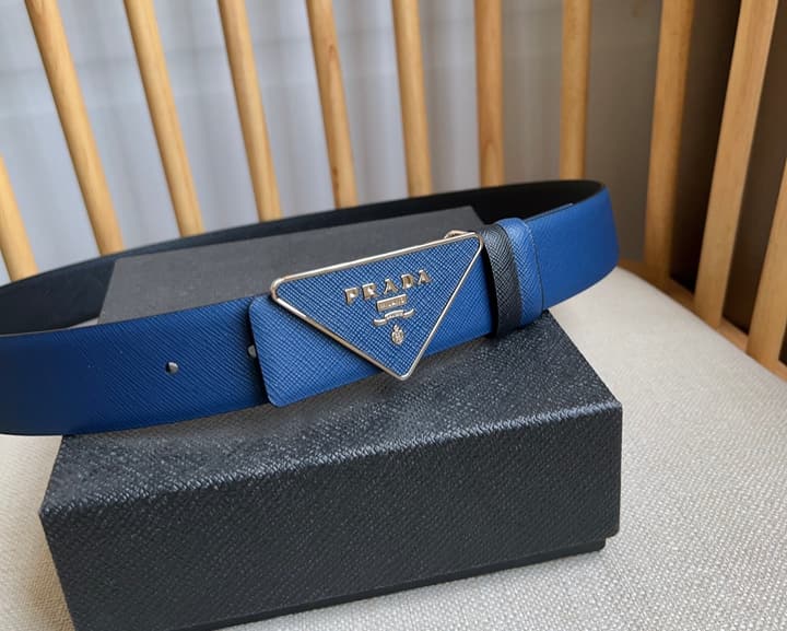 Prada Triangle Logo Buckle Belt in Black Textured Leather With Black Buckle