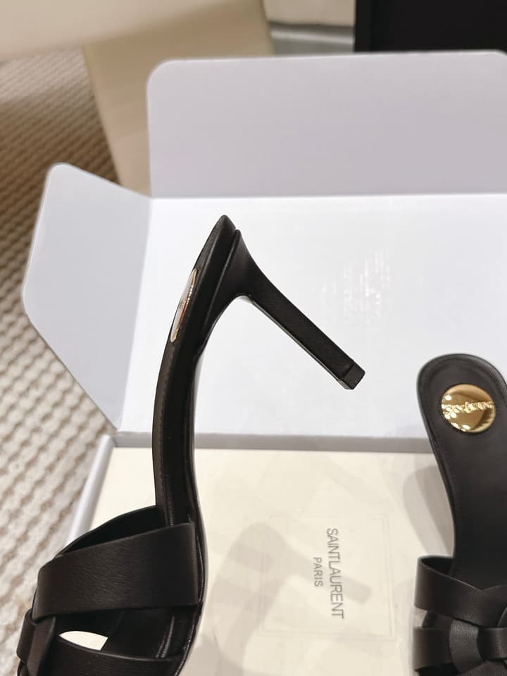 Saint Laurent Melody Square-Toe Heeled Sandals – 2026 Spring/Summer Collection in Beige Patent