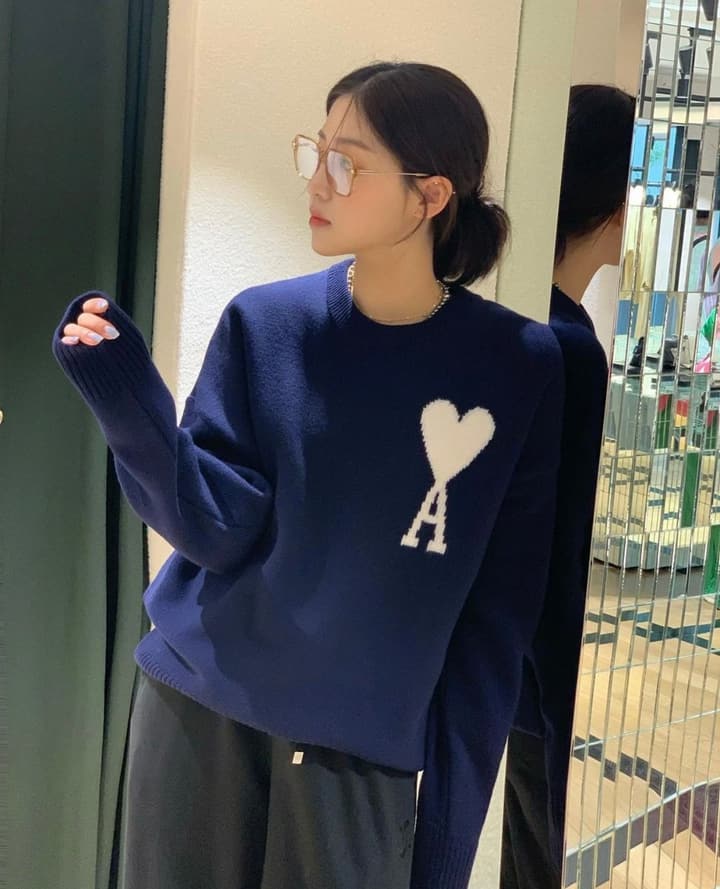 AMI Paris Heart Letter Knit Sweater in Deep Navy Blue