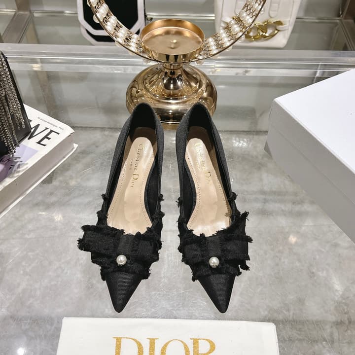 Dior Adiorable Bow Pearl Wedge Pumps in Black Ruffled Bow