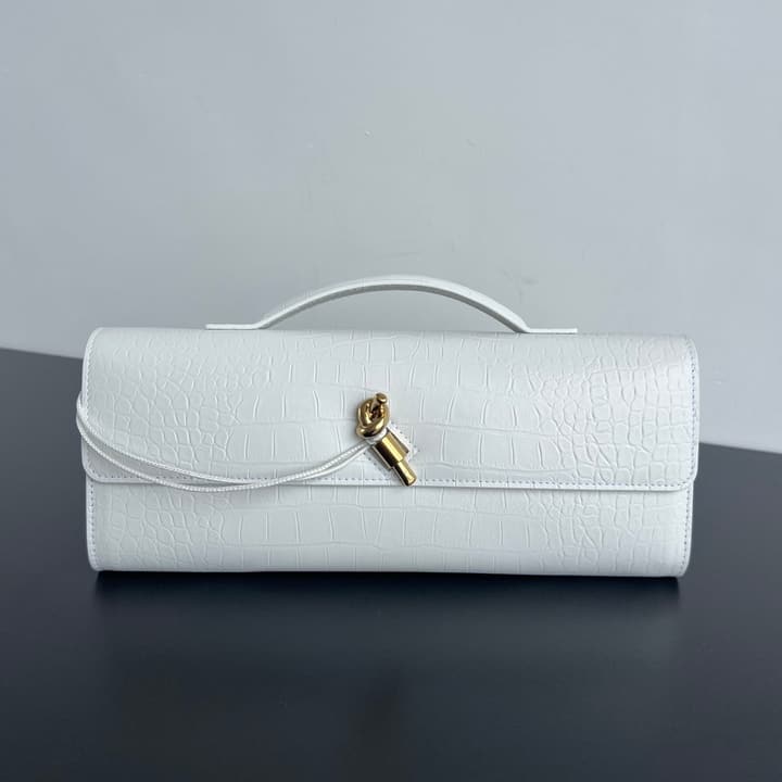 Bottega Veneta Crocodile Embossed Intrecciato Clutch Bag in Gold