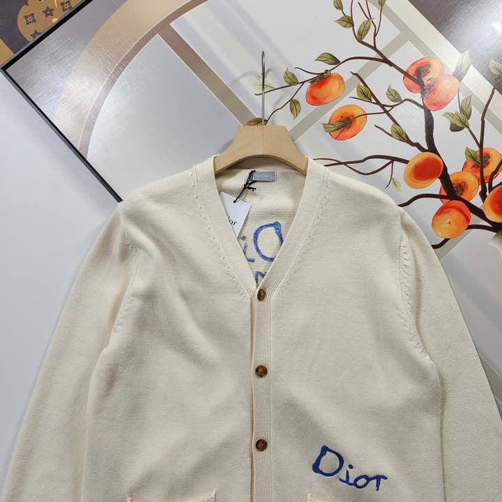 Dior CD Letter Embroidered Knit Cardigan – 2025 Fall in Cream Beige
