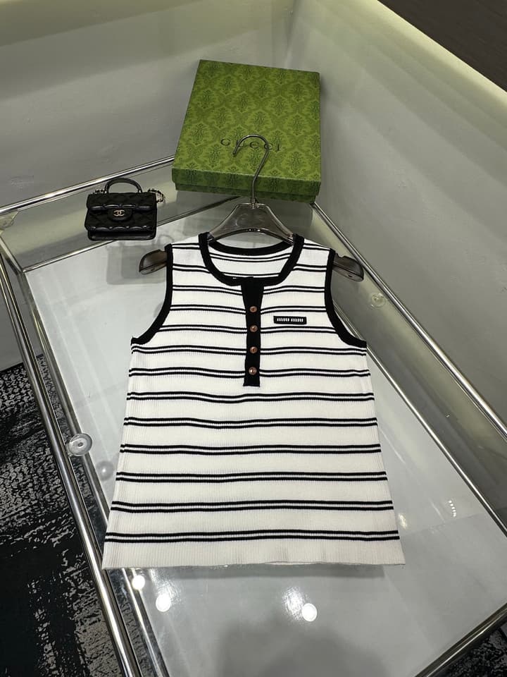 Miu Miu Striped Buttoned Slim-Fit Tank Top in Coffee