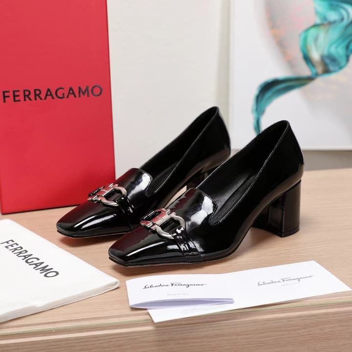 Ferragamo Classic Square Toe Pumps in Black Patent Leather