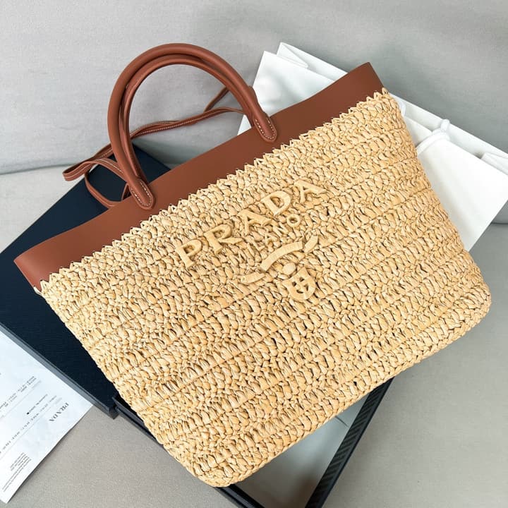 Prada Raffia and Calfskin Tote Bag – Summer Collection in Natural Raffia With Cognac Leather