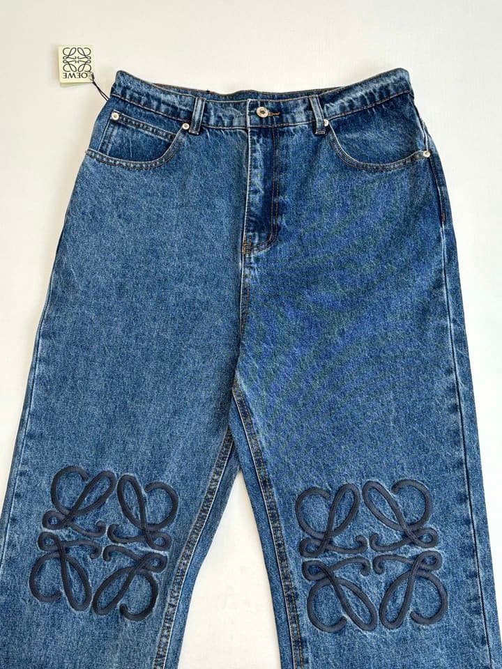 Loewe Anagram Embroidered Washed Distressed Jeans in Washed Black