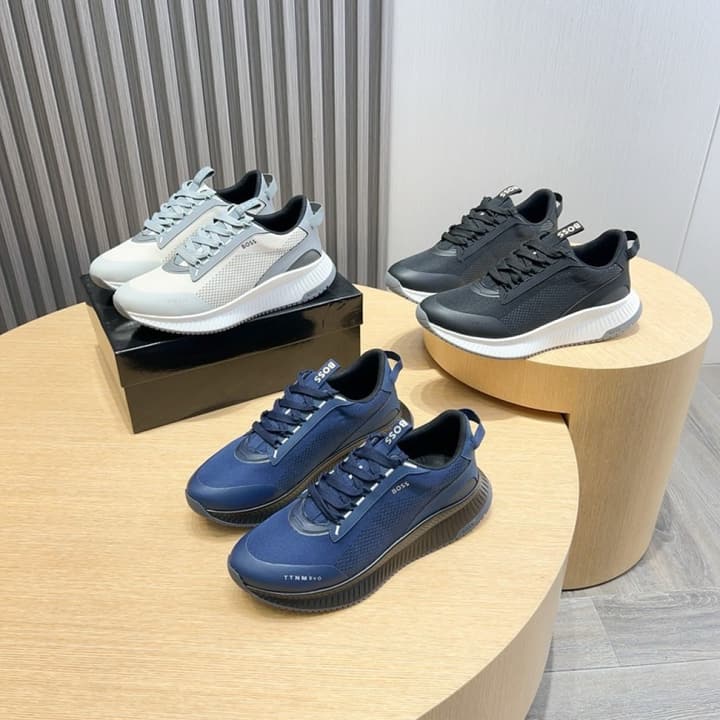 Boss Men's Layered Sport Sneakers in Black With White Sole