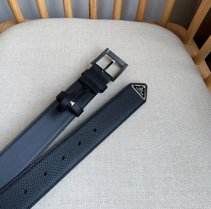 Prada Leather Belt with Triangle Logo in Black Leather Gold Buckle