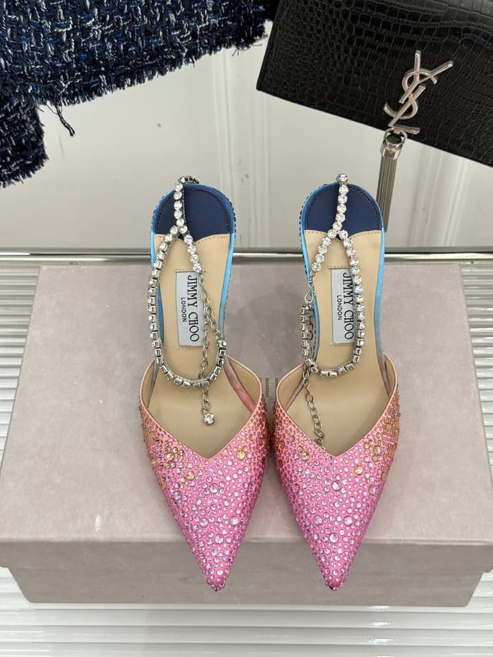 Jimmy Choo Classic Crystal Pointed High-Heeled Sandals in Lavender Yellow Ombre