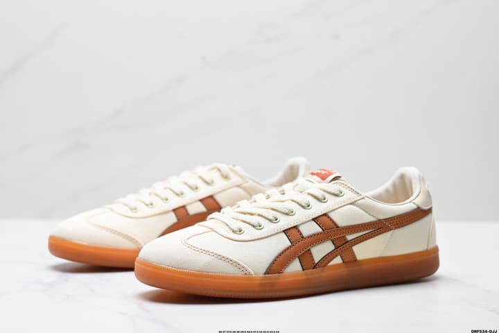 Asics Onitsuka Tiger Tokuten Retro Sneakers in Cream With Brown Stripes And Gum Sole