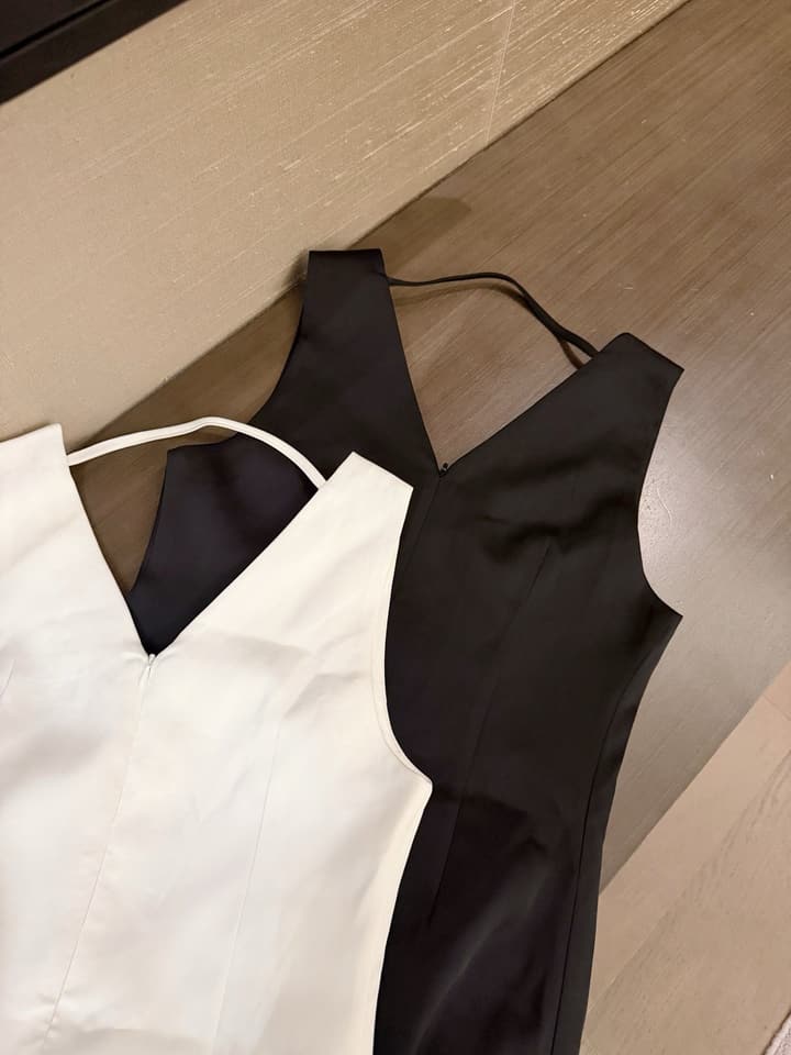 Valentino V-Neck Satin Dress with V Logo Detail in Black