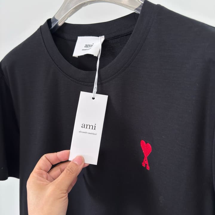 AMI Paris Small Logo Embroidered Cotton T-Shirt in Classic Black