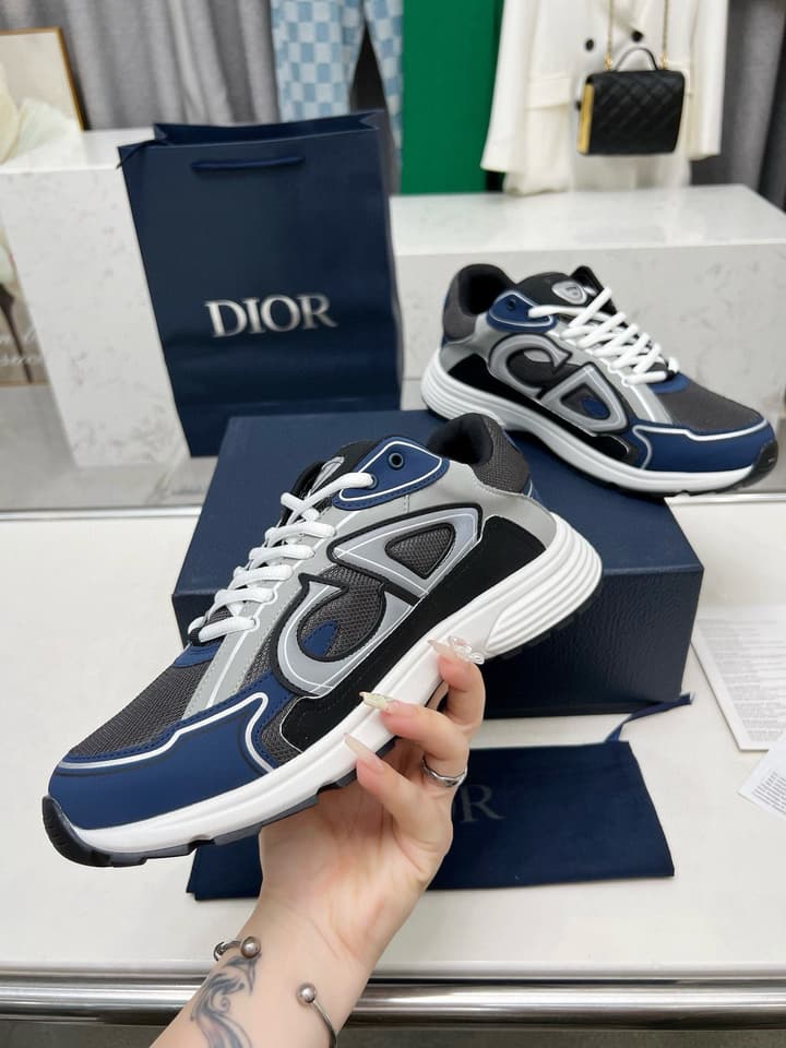 Dior B30 Unisex Mesh and Leather Sneakers in Navy Blue And Grey