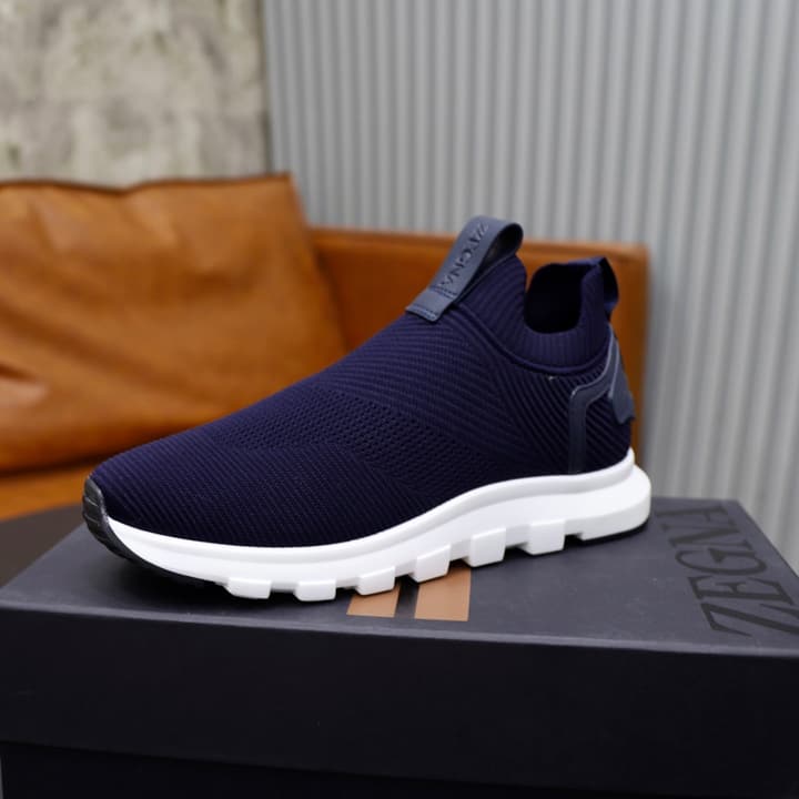 Zegna Cashmere Flyknit Sneakers in Navy Blue