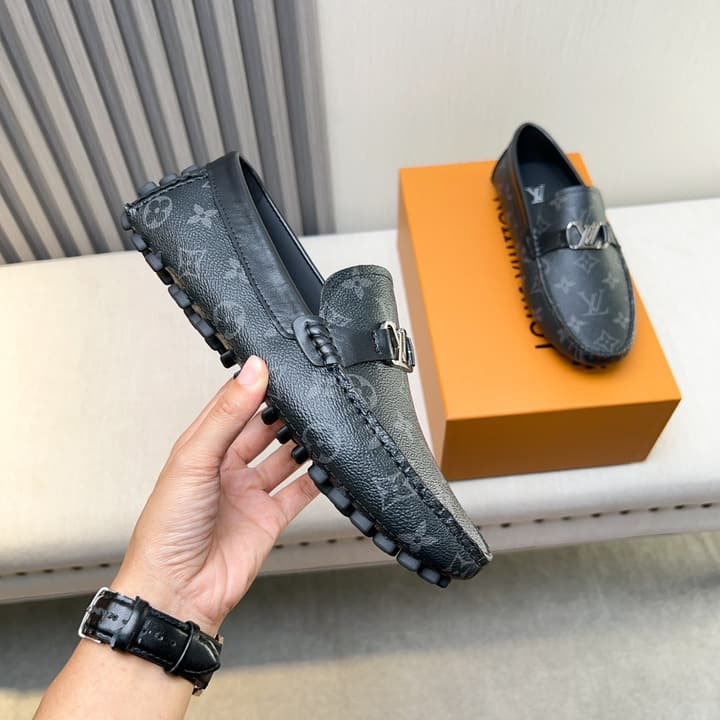 Louis Vuitton Pebbled Leather Driving Shoes in Black Smooth Leather