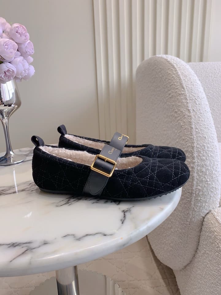 Dior Quilted Wool Mary Jane Flats in Black Suede