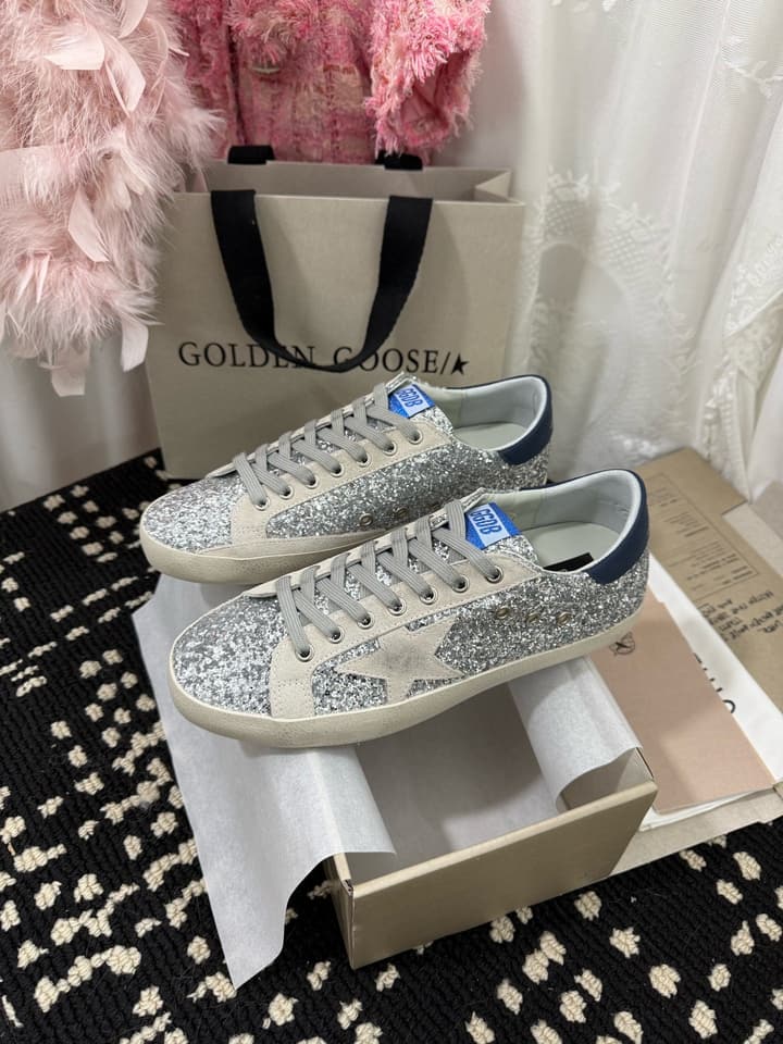 Golden Goose Super Star Rhinestone Leather Sneakers in Grey Suede Black Leather White Star