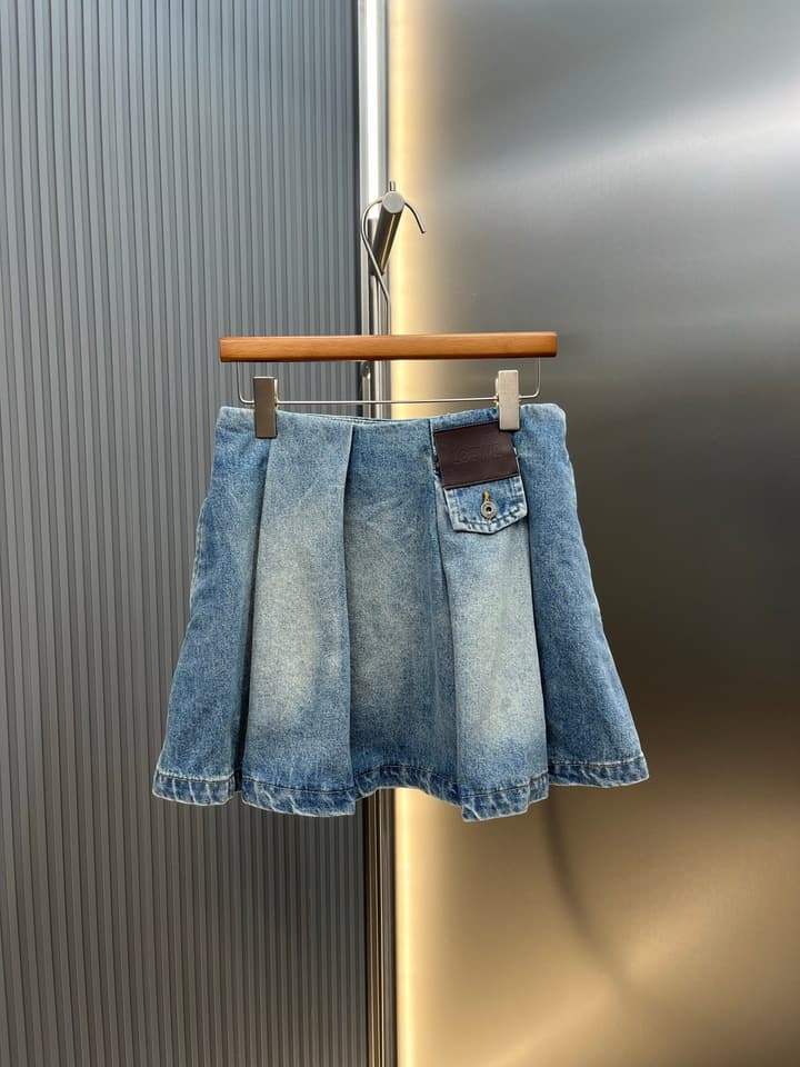 Loewe Leather-Trimmed Denim Mini Skirt in Stonewash Blue
