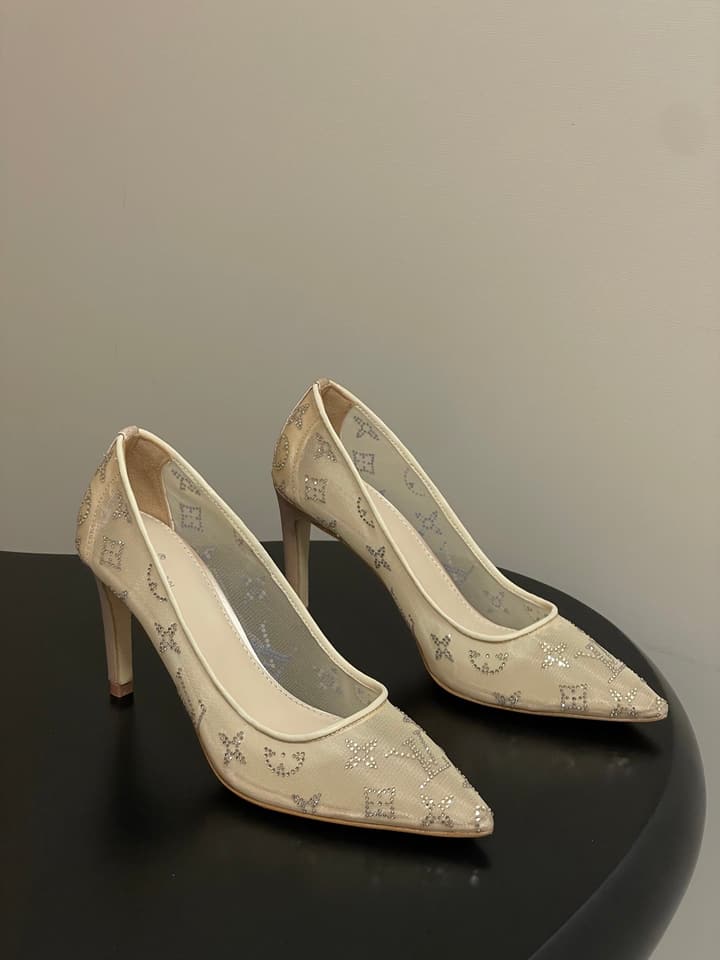 Louis Vuitton Gala Mesh Rhinestone High Heels – 25SS in Beige Monogram Lace