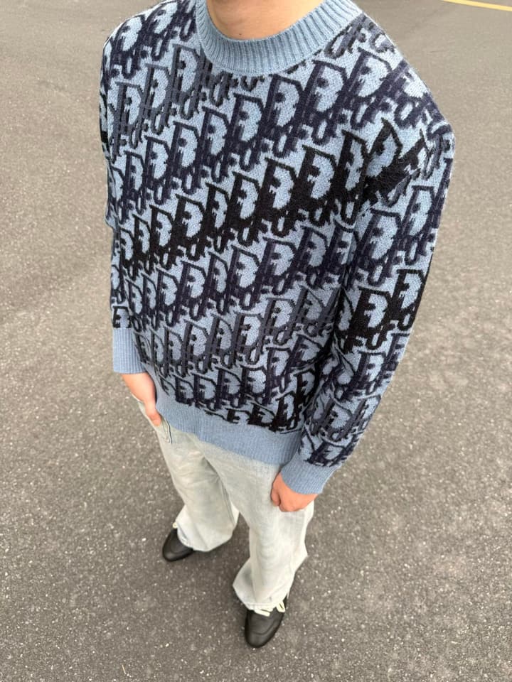 Dior Oblique Jacquard Wool Crewneck Sweater – 2026SS in Navy Oblique With Light Blue Trim