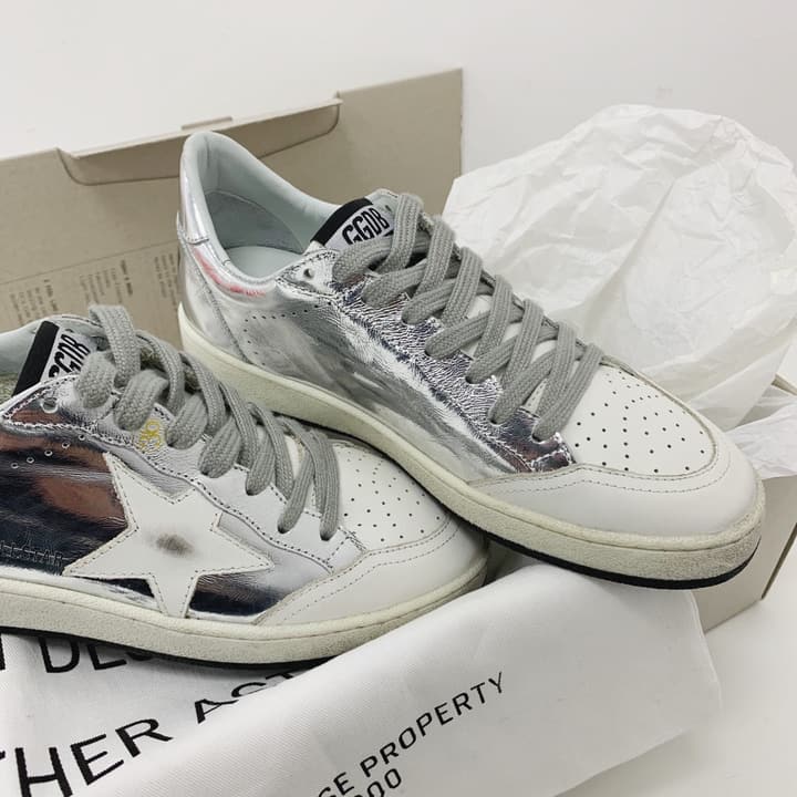Golden Goose Ball Star Distressed Sneakers – 2023 Spring Collection in Grey Patchwork Black Star