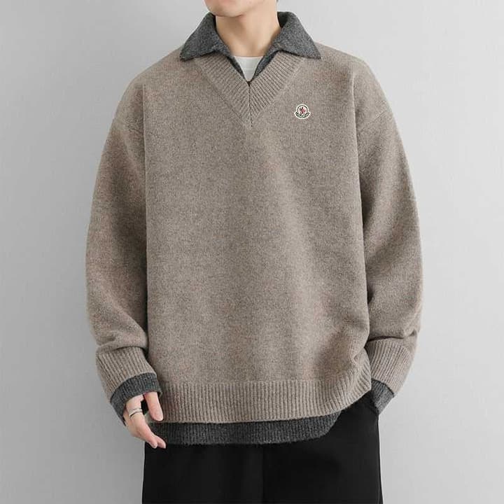 Moncler Double V-Neck Blended Knit Sweater – Spring/Autumn New Collection in Dark Grey