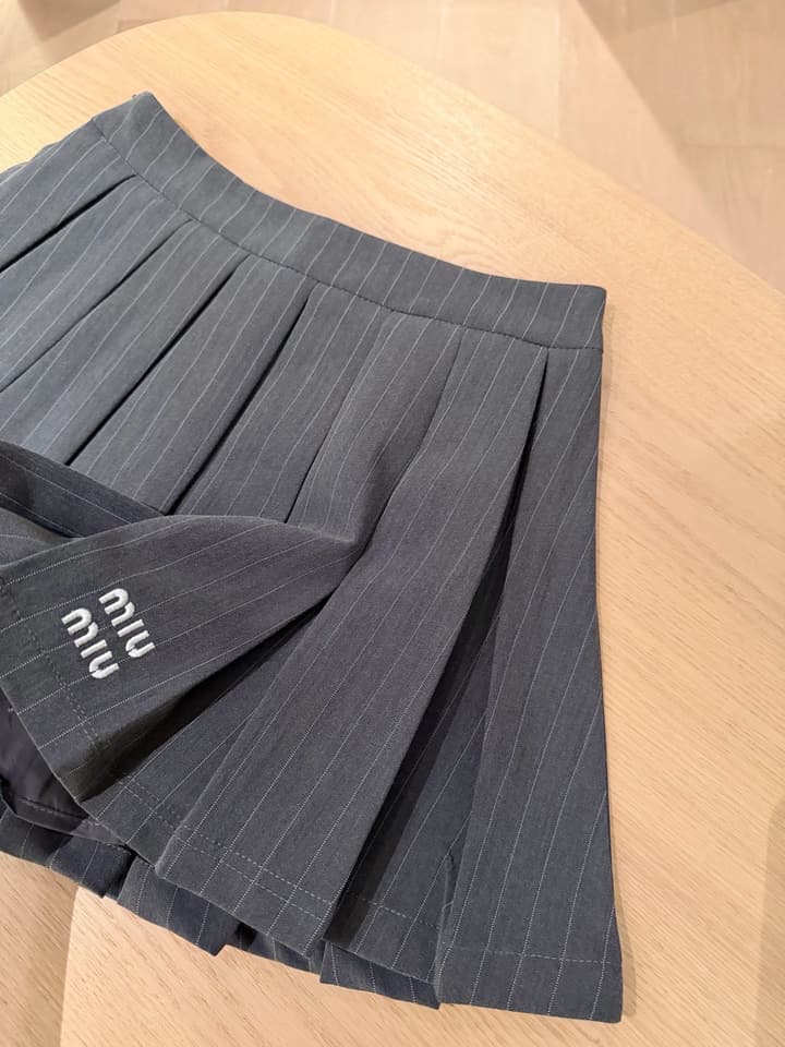Miu Miu Embroidered Striped Vest & Pleated Skirt Set in Grey