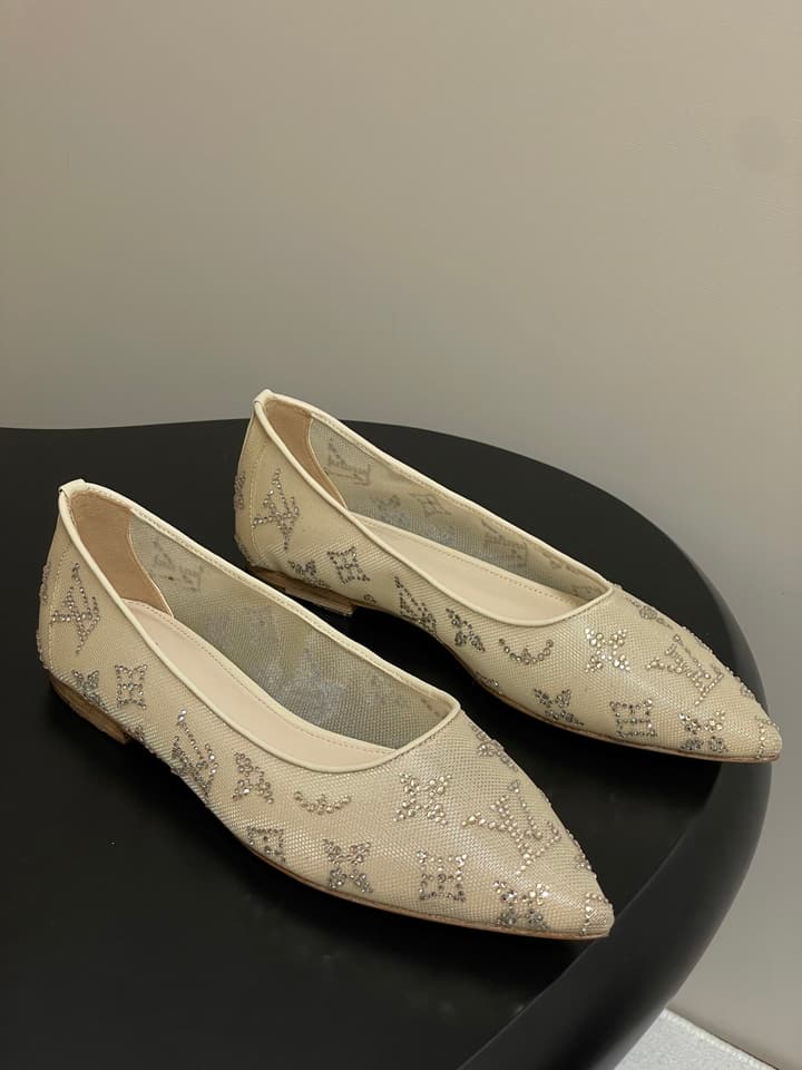 Louis Vuitton Mesh Crystal Pointed-Toe Flats – 25SS Summer Collection in Black Patterned