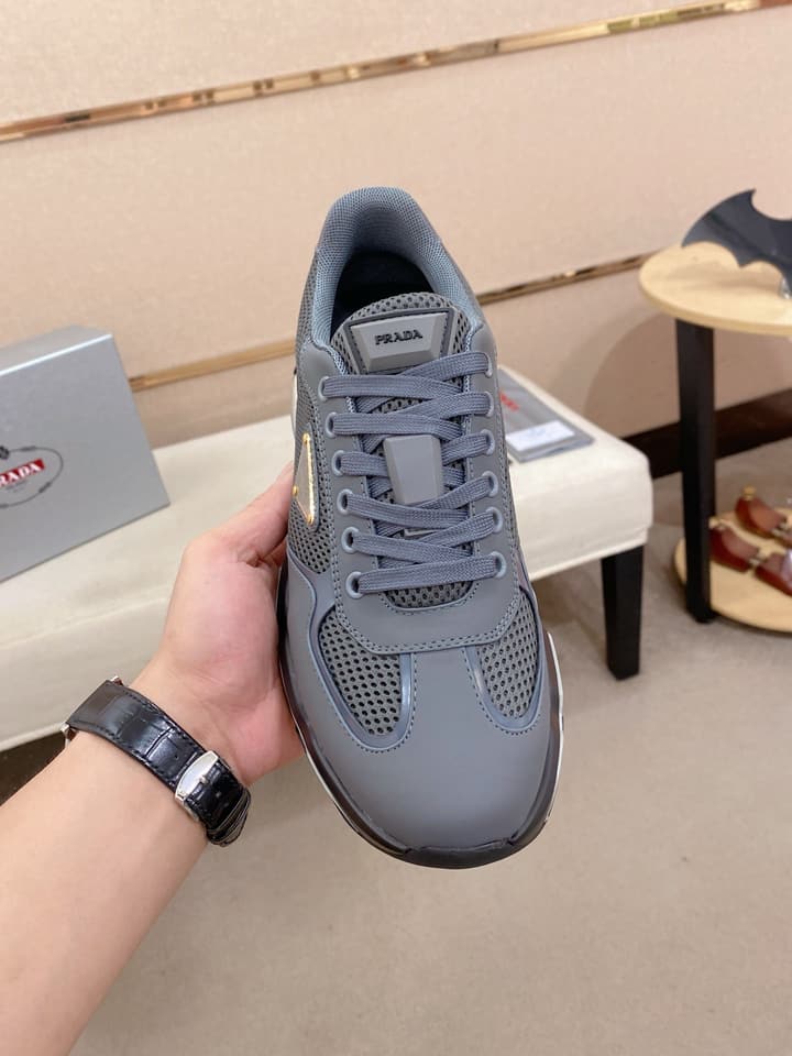 Prada Men's Leather Mesh Sneakers – New Collection in Light Grey With White Logo