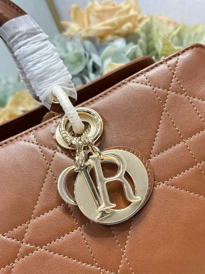 Dior Lady Dior Large Tote Bag in Dark Cognac With Gold Hardware
