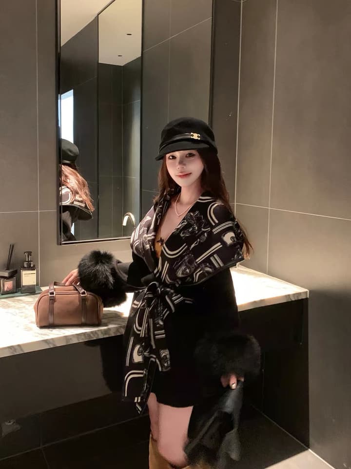 Hermès Old Money Detachable Faux Fur Sleeve Coat in Black With Patterned Reversible Side