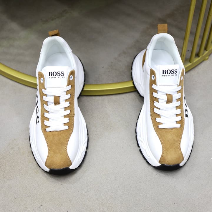 Boss Men's Luxury Running Sneakers in Black Mesh With White Sole