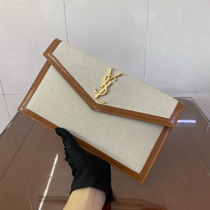 Saint Laurent Uptown Canvas Clutch Bag in Canvas With Caramel Trim