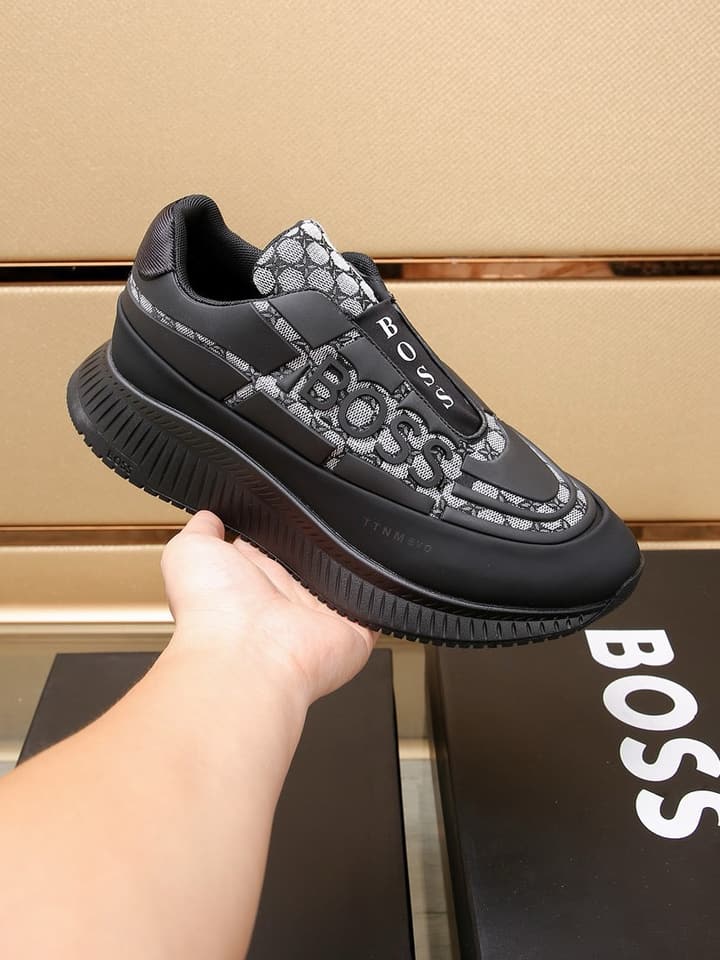 Boss New Men's Luxury Athletic Sneakers in Black With White Detail