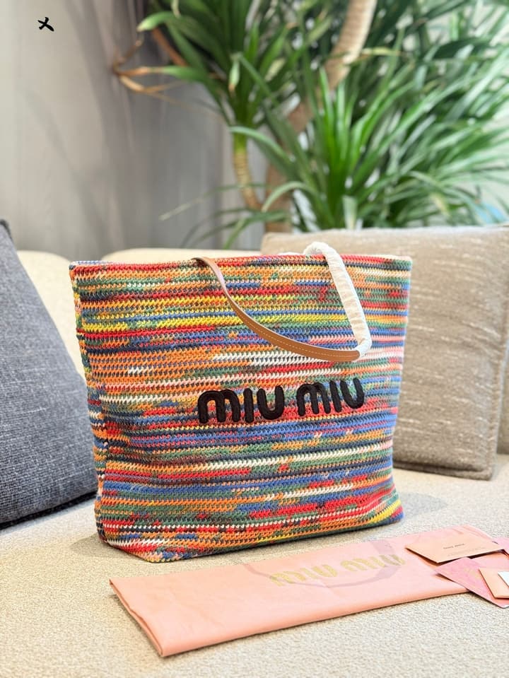 Miu Miu Rainbow Knit Crochet Tote Bag in Multi-Color Rainbow Knit