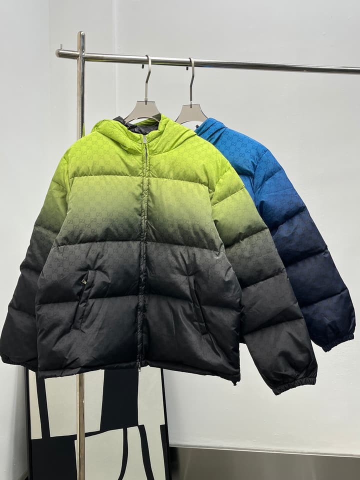 Gucci Jacquard Gradient Hooded Down Jacket in Bright Blue Navy Gradient