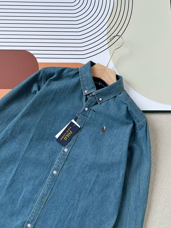 Ralph Lauren Washed Denim Shirt with Embroidered Logo in Dark Wash Denim Flat Lay