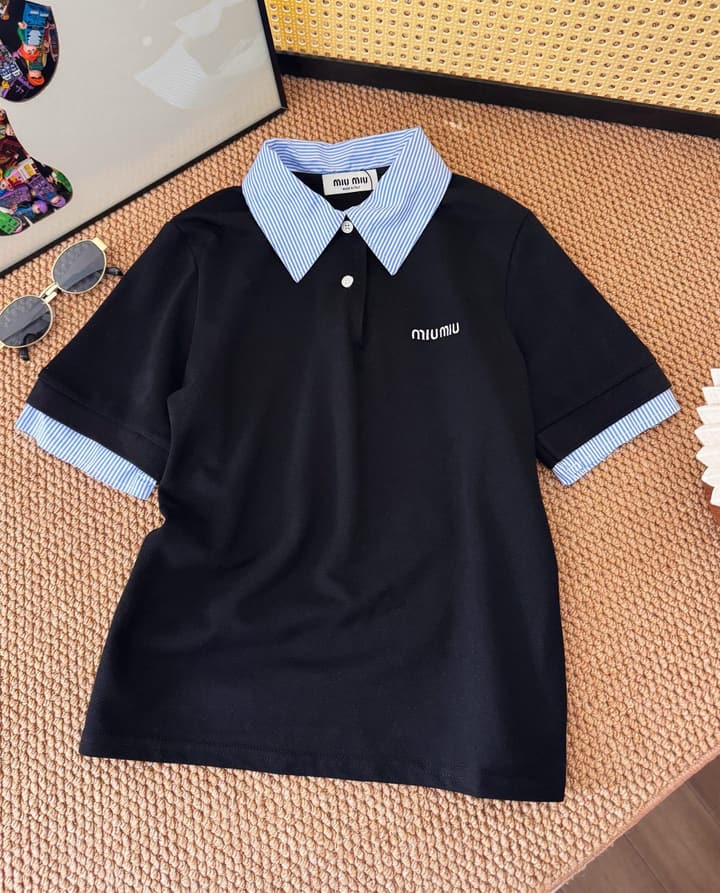 Miu Miu Preppy Embroidered Striped Polo Shirt in Black