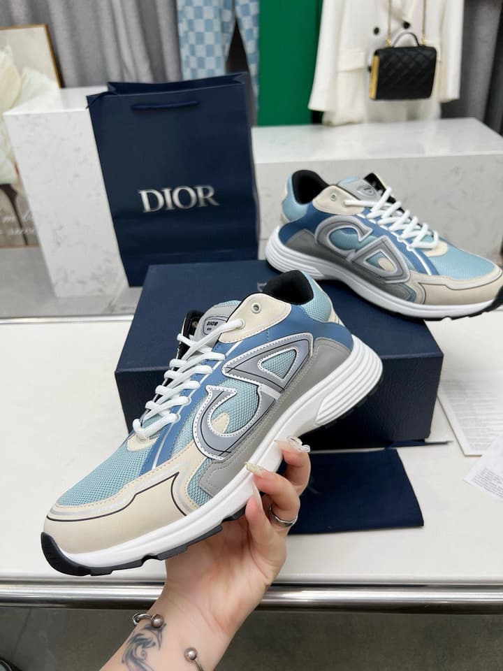 Dior B30 Unisex Mesh and Leather Sneakers in Navy Blue And Grey
