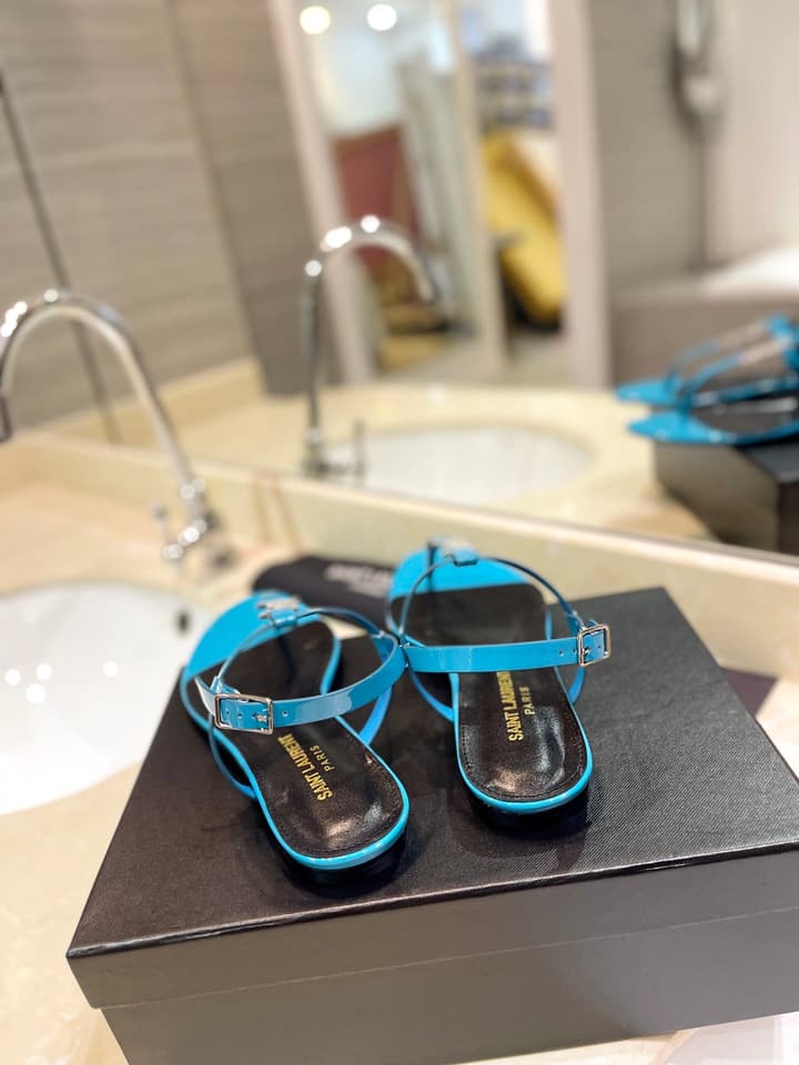 Saint Laurent Beautiful Siren Flat Sandals in Bright Blue