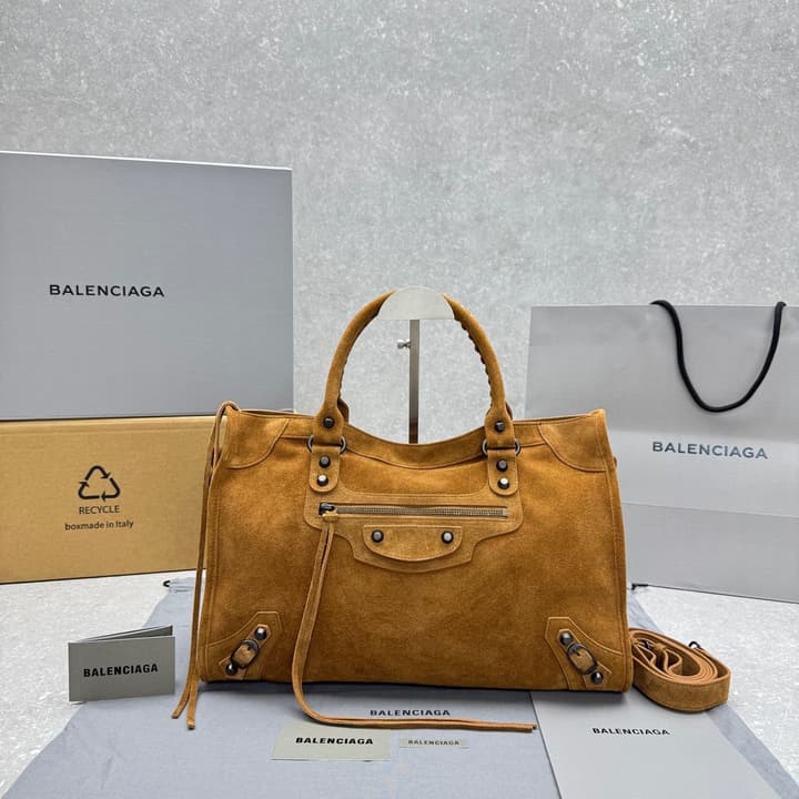 Balenciaga Le City Medium Suede Shoulder Bag in Caramel Suede